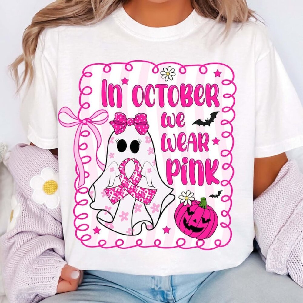 In October We Wear Pink, Coquette Breast Cancer, Halloween Pink Ghost